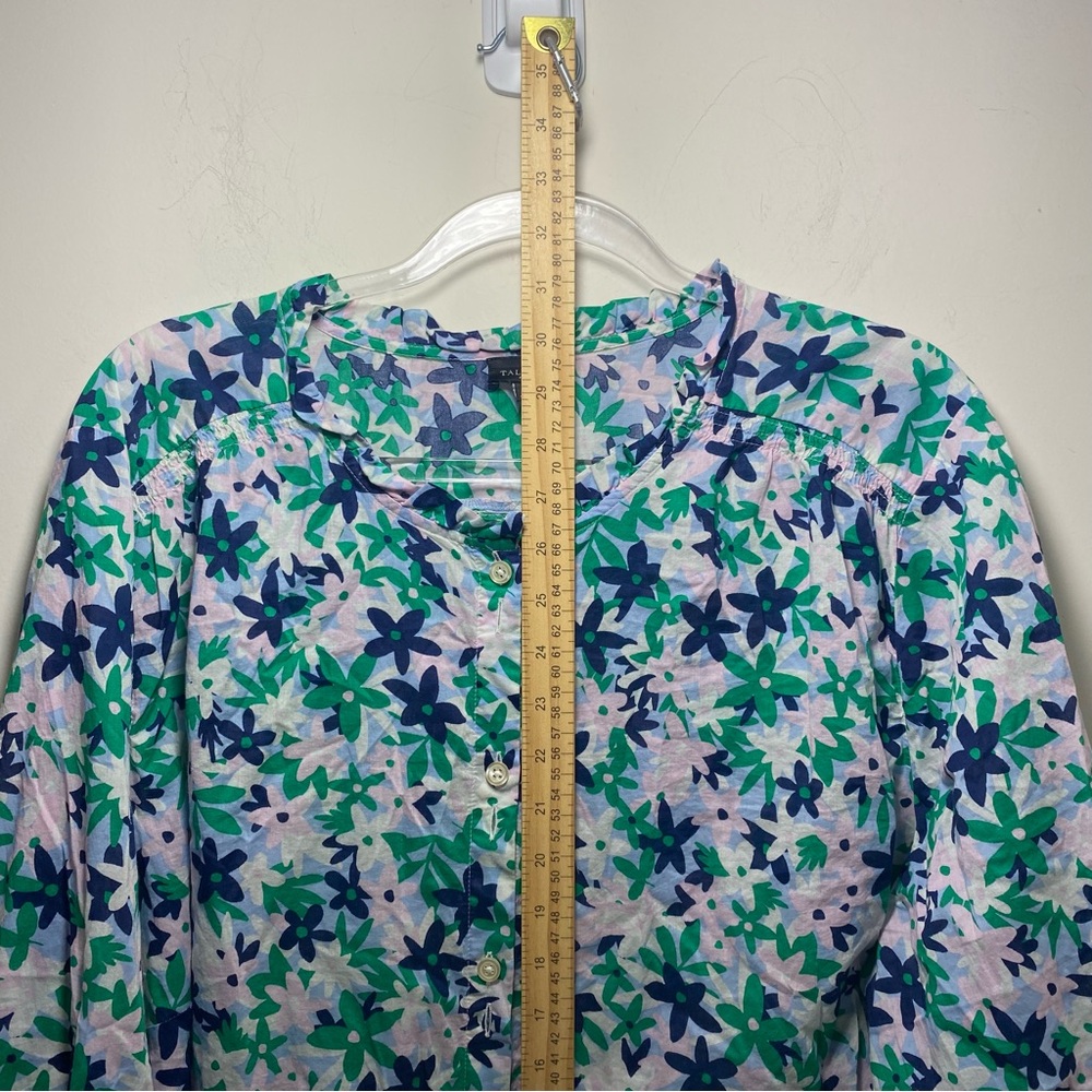 Talbots Women’s Blouse 3X Green Floral Ruffle Neck Cotton Long Sleeve Button - Picture 8 of 10